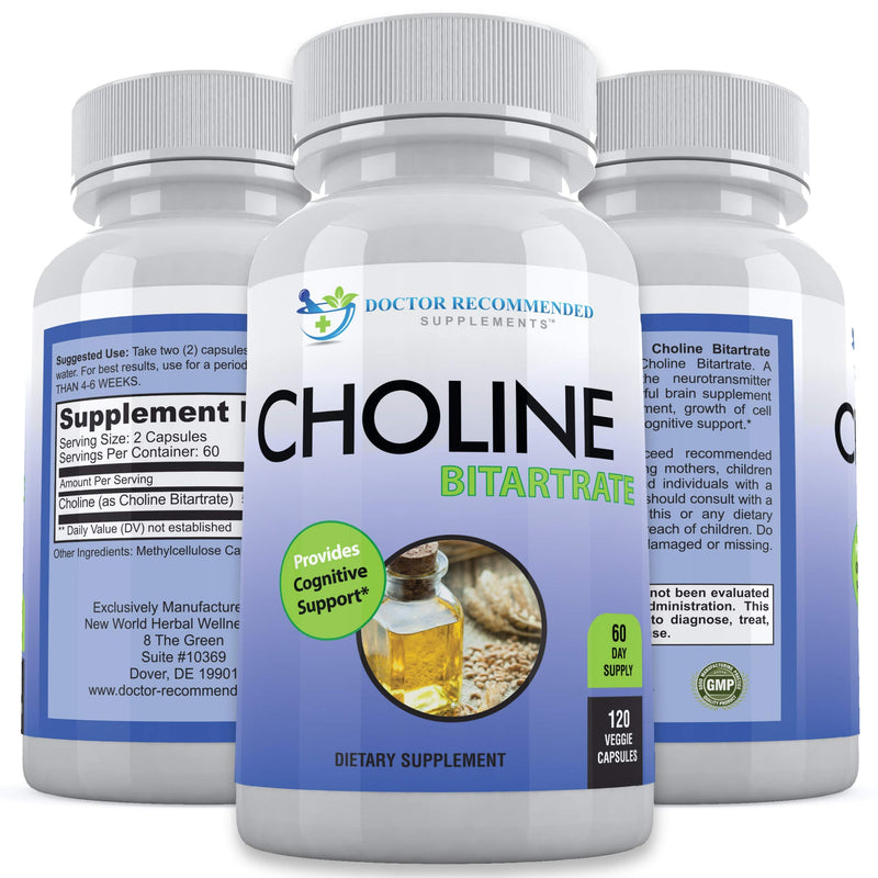 Premium Choline - 500 mg - 120 Veggie Capsules - Supports Cognitive Health, Memory & More - 2 Pack 120 Count (Pack of 2)
