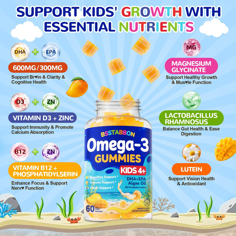 Vegan Omega 3 Gummies for Kids 4+: Natural Omega-3 Fatty Acid Supplement DHA EPA with Vitamin D3 B12 Probiotic Lutein Zinc for Overall Health - No Fish Taste Multivitamin for Kids(60Count) Mango 60 Count (Pack of 1)