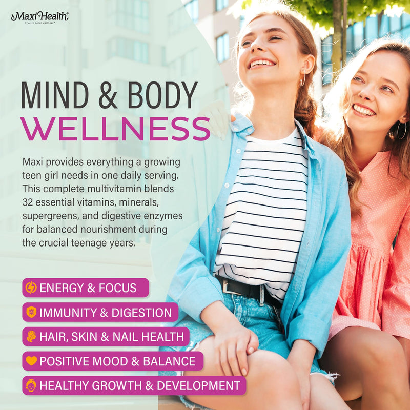 Maxi Health® Teen Vitamins for Girls 12-17, Teen Multivitamin (120 Count) | D3, Iron, Calcium, Biotin & Zinc | Skin, Immune & Mood Support | Kosher | Non-GMO | Doctor Formulated