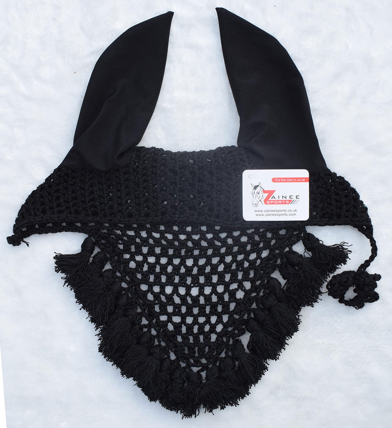 Horse Fly Bonnet Fringe Ear Nets Ear Cover Hat Hood Mask Flyveil Full Light Weight Handmade Polyester Full (Horse/Full, Black) HORSE / FULL - BeesActive Australia