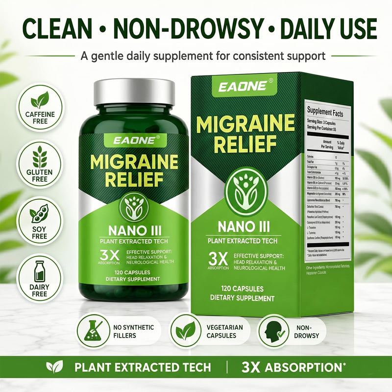 Headache Comfort Supplement, Natural Cranial Relaxation Formula with Magnesium Glycinate, CoQ10, Riboflavin Vitamin B2, B6 & B12, Supports Daily Neurological Balance and Mental Clarity, 120 Capsules