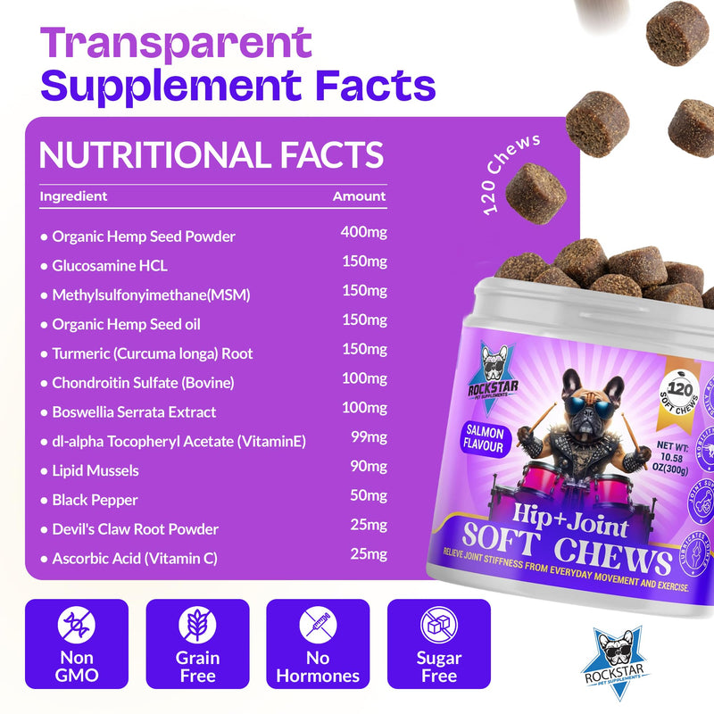 Hip+Joint Soft Chews for Dogs | Salmon Flavour | Daily Support with Chondroitin & MSM | Relieves Stiffness & Promotes Mobility-Perfect for Small, Medium & Large Dogs