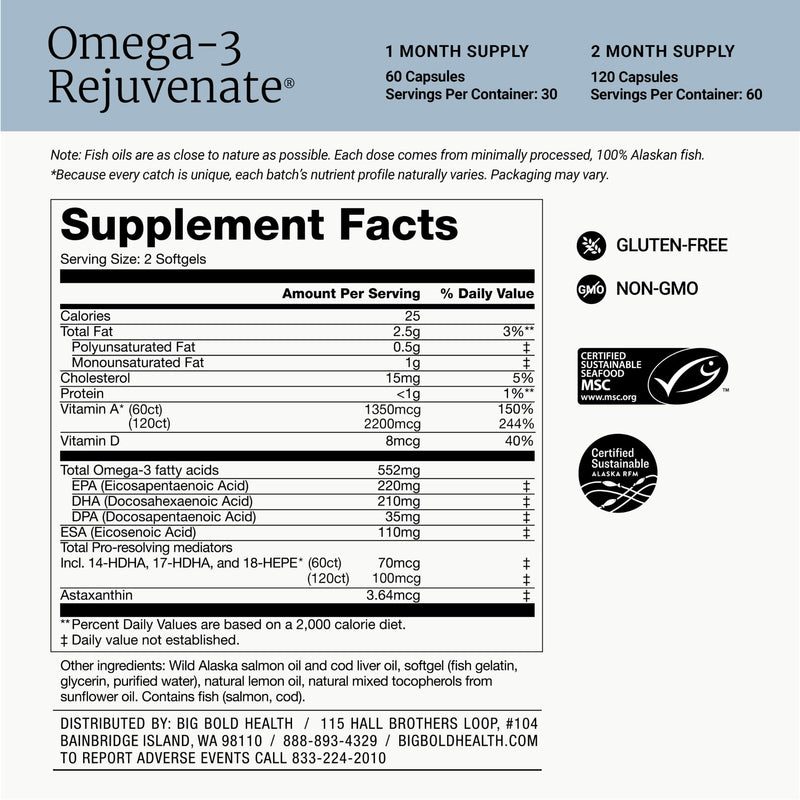 BIG BOLD HEALTH Omega-3 Rejuvenate Wild Alaskan Fish Oil Supplement with PRMs ⎹ EPA, DHA, & DPA Fatty Acids ⎹ Vitamins A and D to Support Immune Balance & Brain Wellness (60 Softgels) 60 Count (Pack of 1)