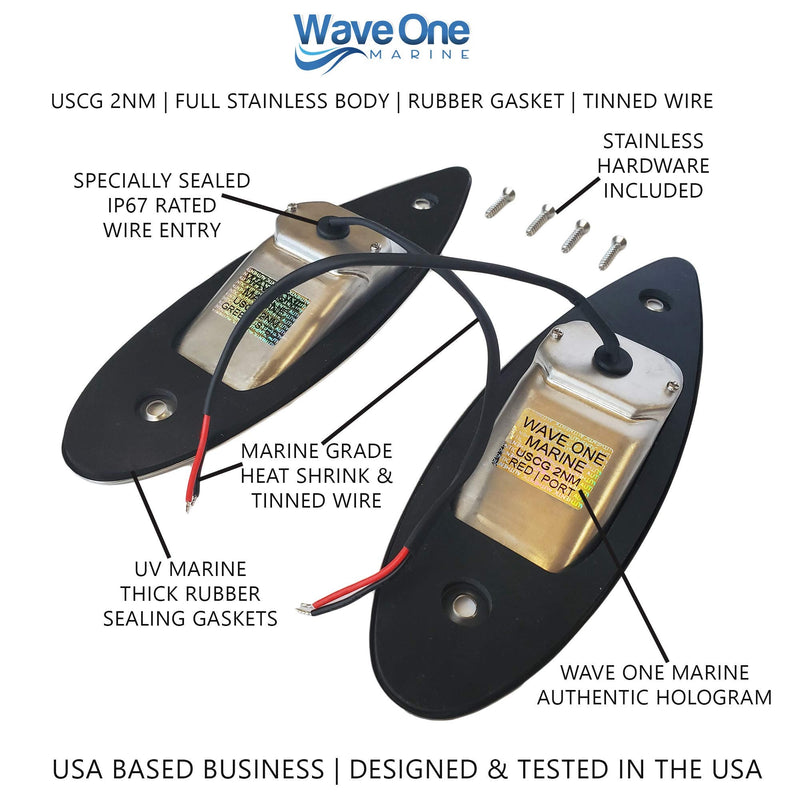 Wave One Marine Flush Mount LED Shark Eye Boat Navigation Teardrop Lights | Red And Green Stainless USCG 2NM | Waterproof 12V
