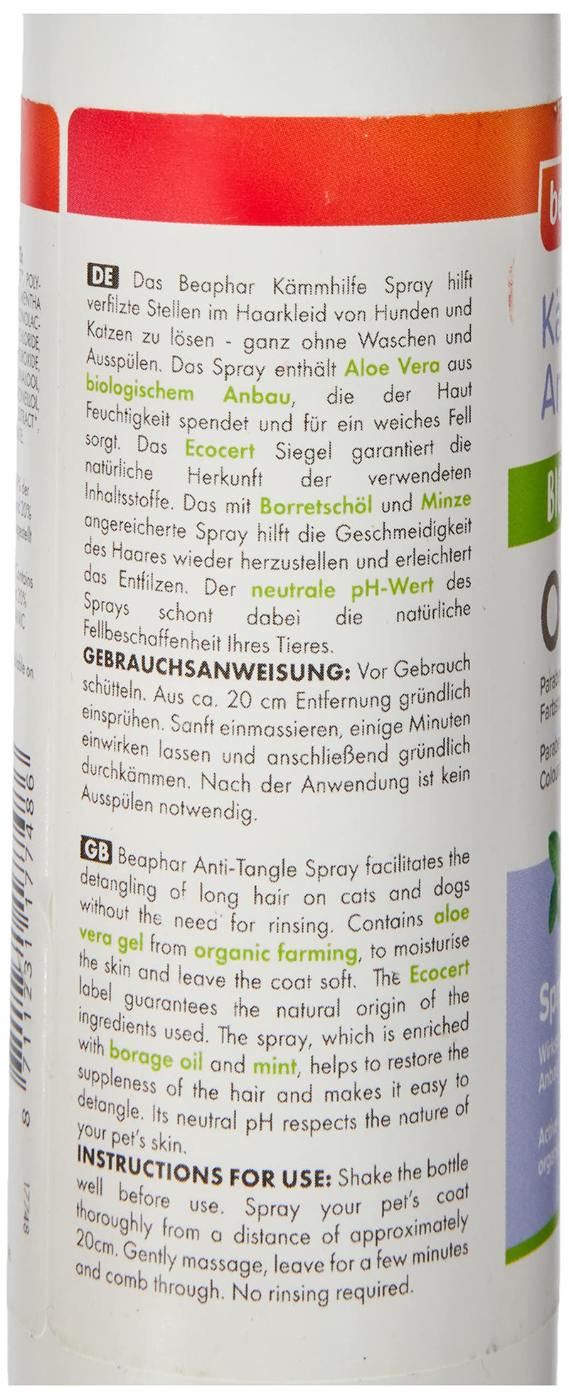 Beaphar organic combing aid spray for dogs and cats, helps to loosen matted areas in the fur, 200 ml Demelanter dog and cat - BeesActive Australia