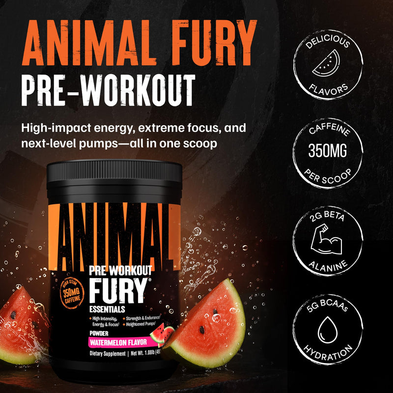 Animal Fury Pre Workout Powder Supplement for Energy and Focus 5g BCAA 350mg Caffeine Nitric Oxide Without Creatine Powerful Stimulant for Bodybuilders, Watermelon 30 Servings (Pack of 1)
