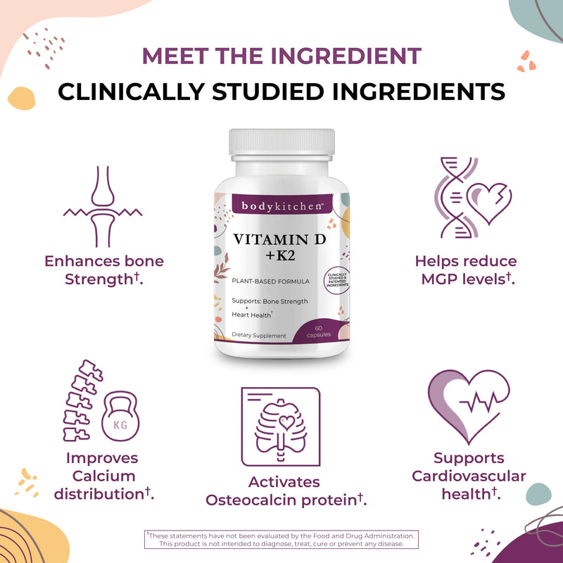 Body Kitchen Vegan Vitamin D3 + K2 MK7 5000 IU Supplement, 60 Caps | Bone and Heart Health, Non-GMO, 5000 IU Vitamin D & 180 mcg Vitamin K2 MK-7, Easy to Swallow Veggie Caps