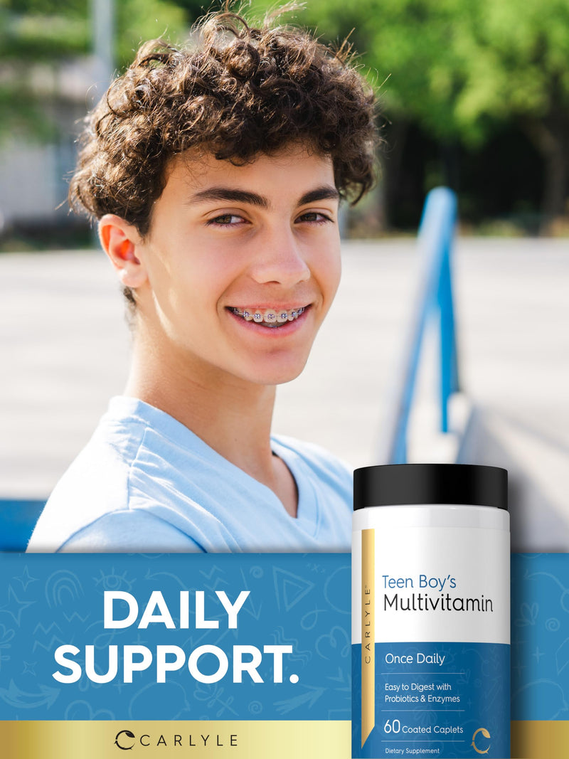 Carlyle Teen Multivitamin for Boys | 60 Caplets | Once Daily | Easy to Digest with Probiotics & Enzymes | with Iron | Non-GMO, Gluten Free