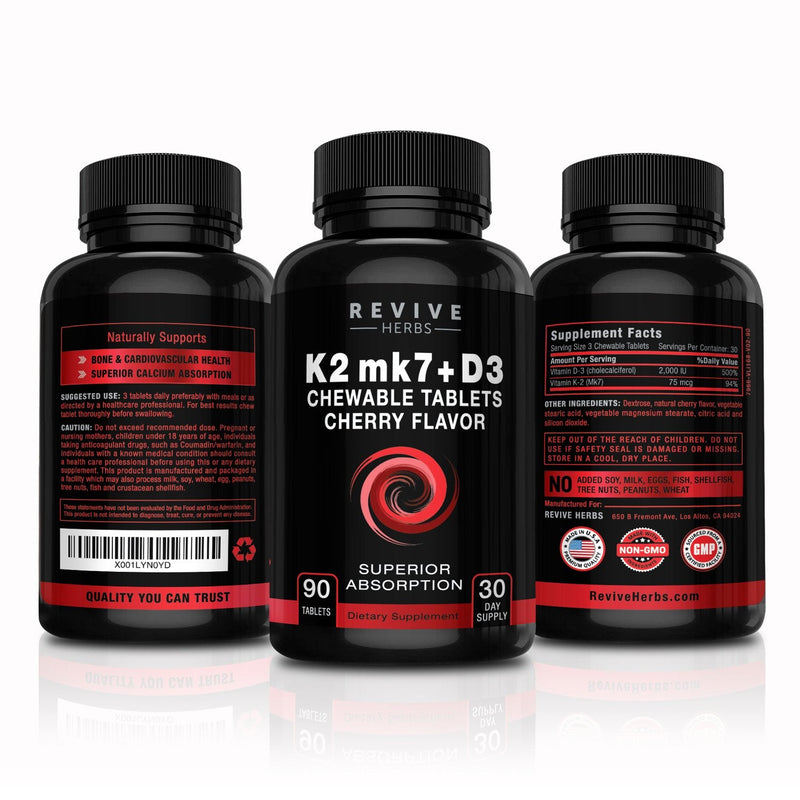 Vitamin K2 D3 - Cherry Flavored Chewable Tablets for Superior Calcium Absorption - Supports Bone & Cardiovascular Health - Serving Size K2 mk7 225 mcg, D3 6000 IU - Vitamin D3 K2