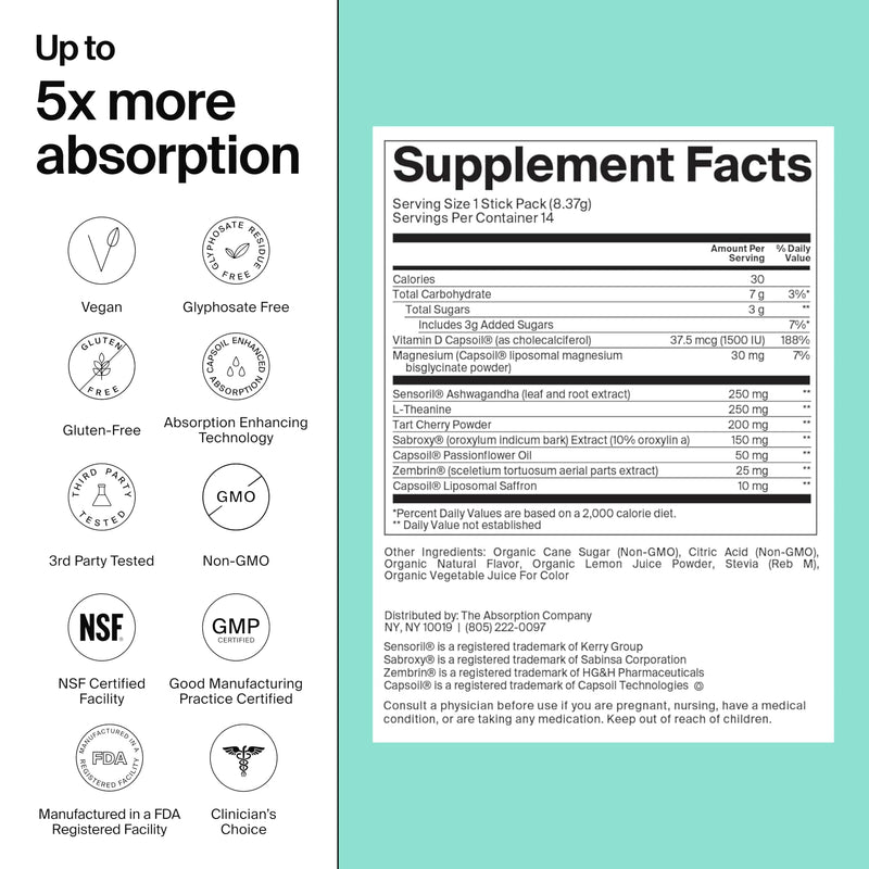 The Absorption Company Calm Powder - Magnesium Drink Mix Packets - 7PK | Vitamin-D,Cortisol Regulation for Men & Women, Mood Support with Ashwagandha & L-Theanine for Relaxation,Watermelon Lemonade 1 Ounce (Pack of 7)