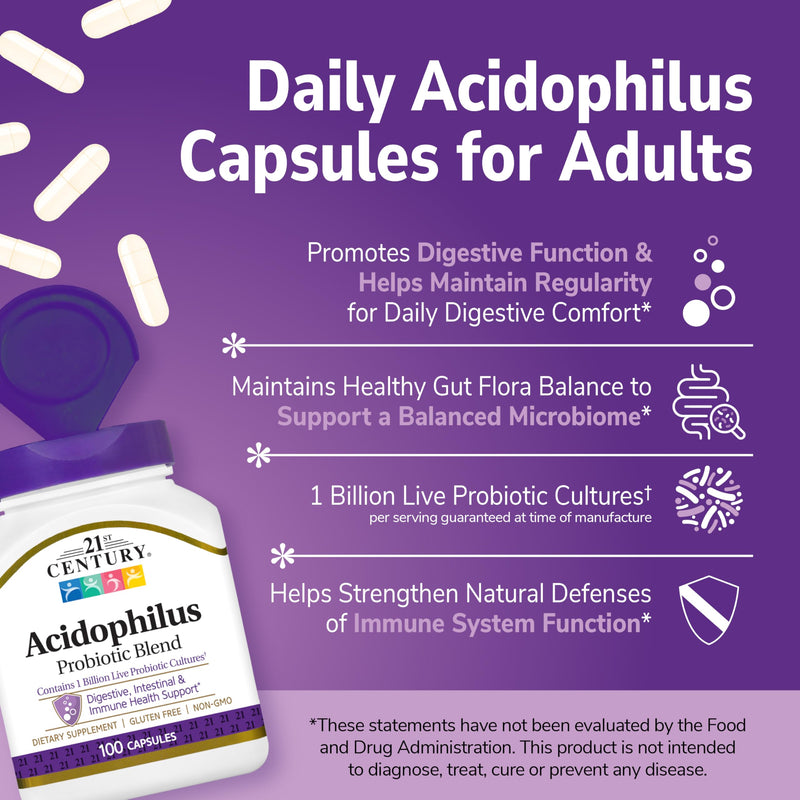 21st Century Acidophilus Probiotic Blend Capsules, 100 Count | Daily Probiotic with Lactobacillus Acidophilus & Inulin Prebiotic, Digestive & Immune Health Support, Everyday Gut Balance 1
