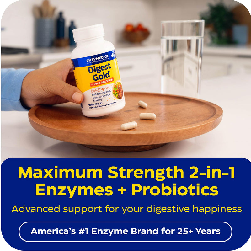 Enzymedica Digest Gold + Probiotics - Helps Gas & Bloating - 90 Caps | Digestive Enzyme Supplement for Women & Men, Enzyme and Probiotic Capsules for Digestion, Gut Health Support, Vegetarian 90 Count (FFP)