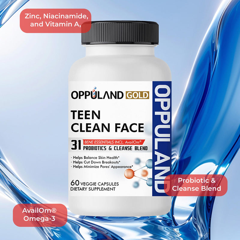 Teen Clean Face - Probiotics & Cleanse Blend - Balances Skin Health for Teen - Gut Support Supplement – Daily Synbiotic with Prebiotics, Zinc, Omega-3 & Herbal Cleansers – 30 Days Supply