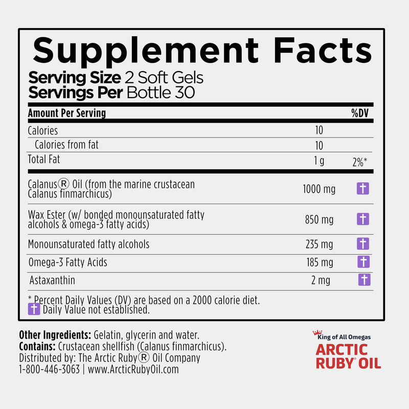 Arctic Ruby Oil 1000mg Omega 3 Supplement with EPA DHA 60 Softgels, 1 Pack | for Women and Men, Astaxanthin 2mg, Fish & Krill Oil Alternative, Arctic calanus oil, no fishy aftertaste, wellness support