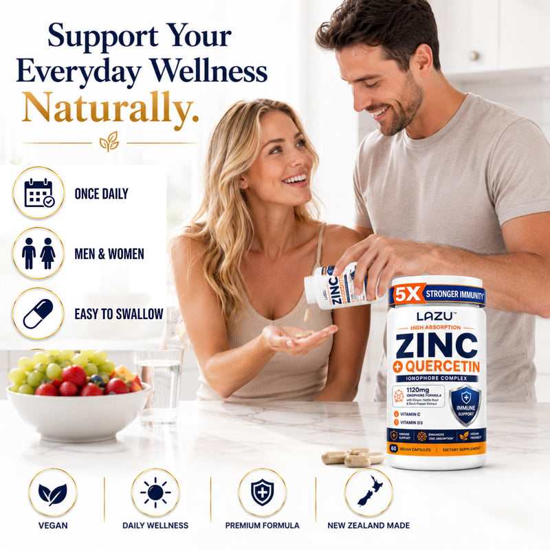 Lazu Zinc Supplements 5X Stronger Immunity, Quercetin, VIT C & D3, 60 Count | Advanced zinc supplement with quercetin, vitamin C and vitamin D3 to support daily immune health and wellness.