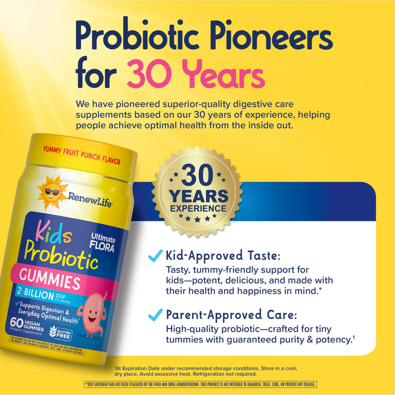 Renew Life Ultimate Flora Kids Probiotic Gummies 2 Billion CFU | 60 Vegan Gummies | Supports Digestion and Optimal Health | Dairy, Soy and Gluten Free Original