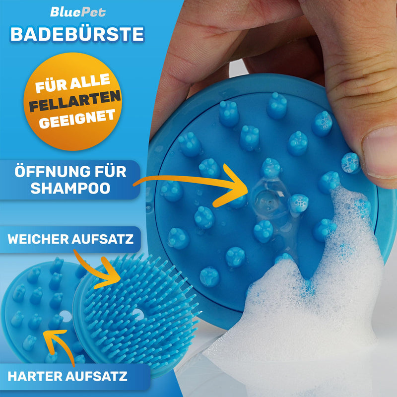 BluePet Fillable bath brush for dog shampoo I Massage shampoo & stimulating massage I Remove dirt & loose fur I Includes 2x attachments (soft + firm) for all breeds & fur types Individual bath brush - BeesActive Australia