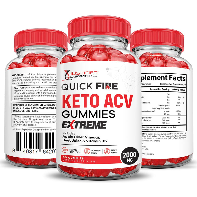 Quick Fire Keto ACV Gummies Extreme 2000MG QuickFire Keto Gummies Apple Cider Vinegar Formulated with Pomegranate Beet Juice Powder B12 Vegan Non GMO 60 Gummys 60 Count (Pack of 1)