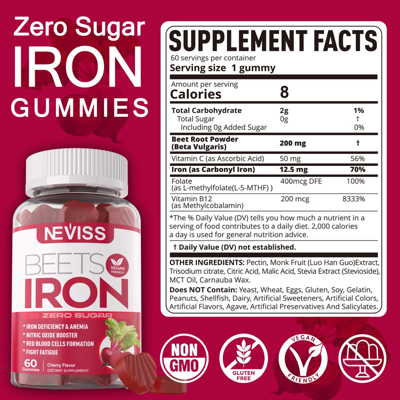 Iron Gummies Supplement for Women, Vitamin C & Beet Root, Vegan, Sugar Free | with Methyl B12, Folate, Increase Iron Levels, Energy Support, Fight Fatigue, Gentle on Stomach, High Absorption, 120 Count 60 Count (Pack of 2)