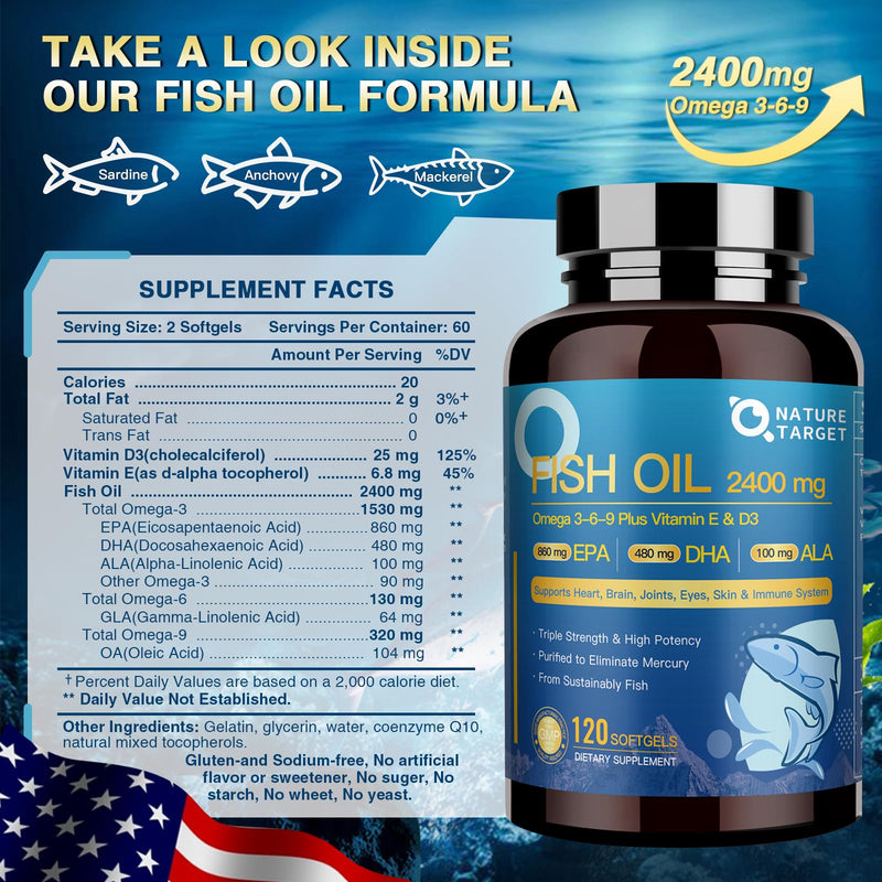 NATURE TARGET Triple Omega 3 6 9 Fish Oil 2400mg, 120Softgels | Vitamin D3 & E, EPA & DHA & ALA, Supports Heart, Brain, Joint & Immune Health, Sustainably Sourced, Non-GMO 120 Count (Pack of 1)