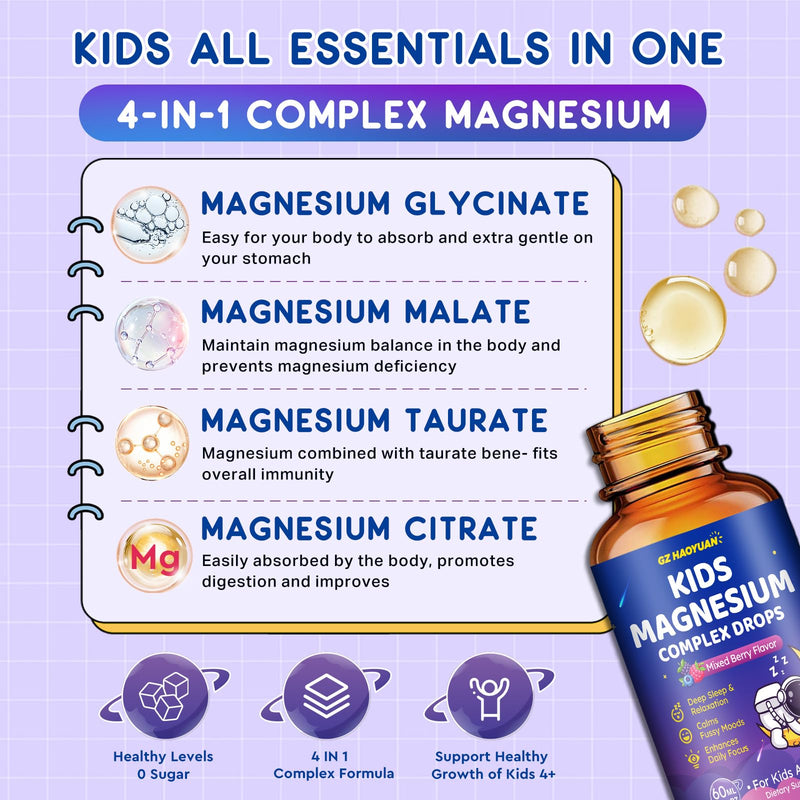 Magnesium Complex Liquid for Kids, Magnesium Glycinate, Malate, Taurate, Citrate with L-Theanine, Vitamin B6, B12, D3 Kids Liquid Drops for Sleep, Relaxation, Calm, Focus - 4 Fl Oz, Mixed Berry Flavor 4 Fl Oz (Pack of 1)