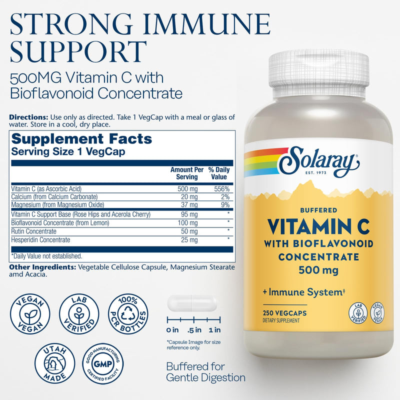 SOLARAY Buffered Vitamin C 500 mg, 250 VegCaps | Immune, Antioxidant & Collagen Support, Buffered Vitamin C with Bioflavonoids, 250 Servings, Vegan & Lab Verified 250 Count (Pack of 1)