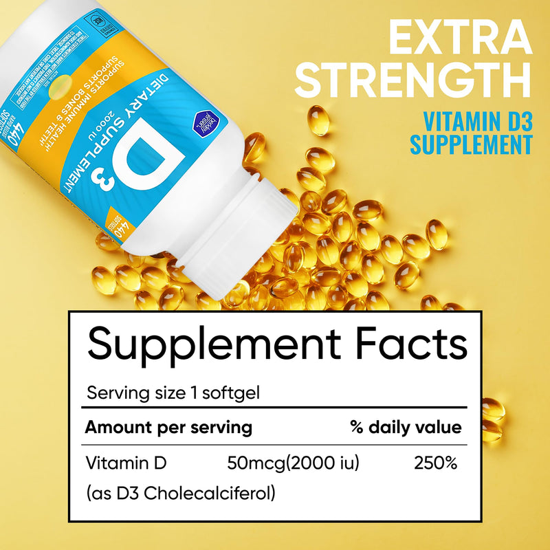 berkley jensen Vitamin D3 2000IU (50 mcg), Dietary Supplement for Teeth, Muscle, Immune Function, and Bone Health, for Men and Women, Made in USA, NSF Certified -440 Softgels, 440 Day Supply 440 Count (Pack of 1)