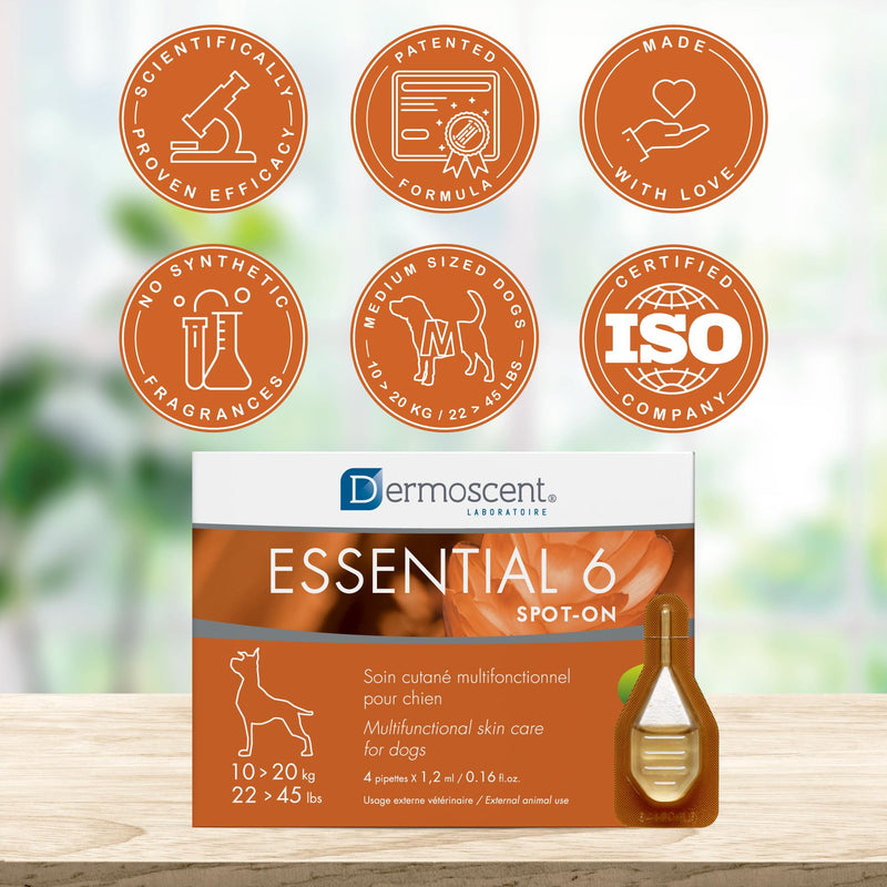 Dermoscent | Essential 6 Spot-On - Dog Itchy Skin Relief | Dandruff & Allergy Relief with Vitamin E Oil | Natural Ingredients for Sensitive Skin | Dogs 10-20 kg | 4 Pipettes of 1.2 ml