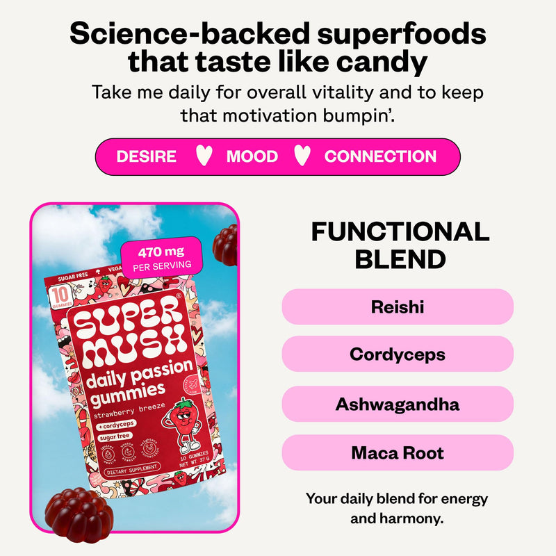 Daily Passion Gummies - Cordyceps, Reishi & Maca Root - 10 Count | Horny Goat Weed, Maca Root & Ashwagandha Blend Supports Desire And Vitality For Men And Women, Vegan, Made In USA 10 Count (Pack of 1)