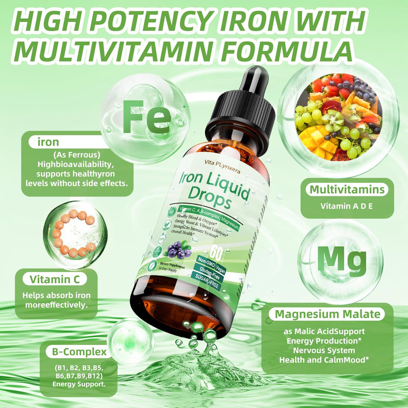 2 Pack Liquid Iron Supplement for Women Men & Kids, Vegan Iron Drops with Vitamin C D, B12, B-Complex, High Potency Liquid with Multivitamin for Anemia, Energy Support, Magnesium Iron Gentle Blueberry 2 Fl Oz (Pack of 2)