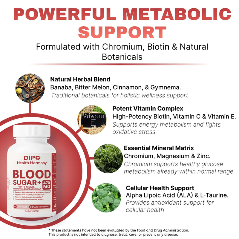 DIPO Blood Sugar Plus - Multi-Vitamin with Biotin, Chromium, Cinnamon, Banaba Extract & Alpha Lipoic Acid - Glucose & Carbohydrate Metabolism Support - 60 Vegan Capsules, Non-GMO