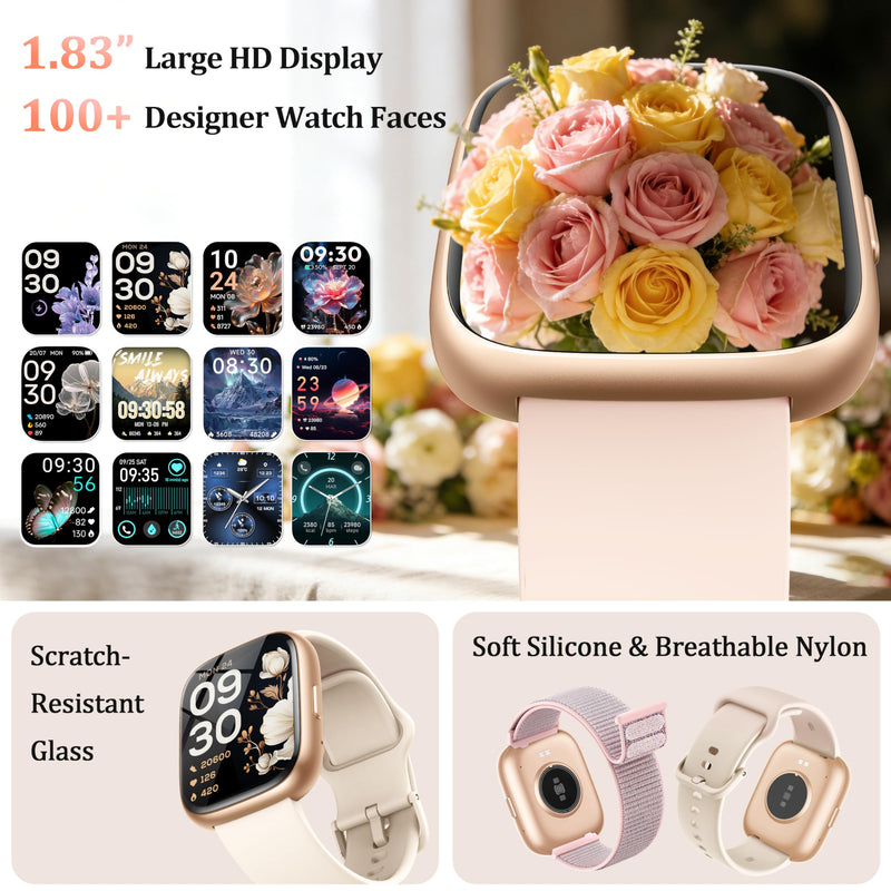Smart Watch for Women Men, 2026 Upgrade Smartwatch [2 Bands, 44mm case], 1.83" Fitness Tracker Watch Alexa Built-in, Make/Answer Call, HR Sleep Stress Monitor, IP68 Waterproof Step Counter Watch Pinkish Beige
