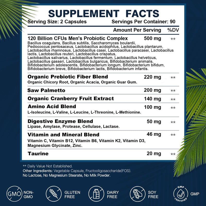 DRFOSTER Probiotics for Men Digestive Health, 120 Billion CFU, 180 Capsules | with Enzymes & Prebiotics & Saw Palmetto & Cranberry for Gut, Prostate & Urinary Tract Health, Shelf Stable 180 Count (Pack of 1)