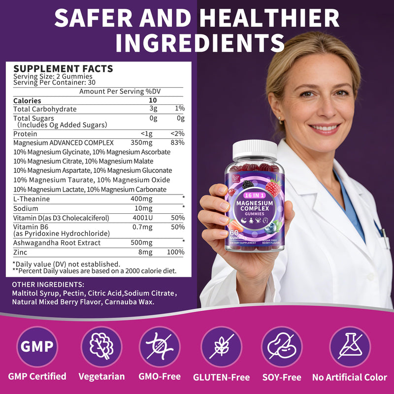 2 Packs-Magnesium Complex Gummies for Women Men，16 in 1 Magnesium supplement Gummy with Bisglycinate Citrate Malate Taurate - Ashwagandha, L-Theanine for Relaxation, Sleep, Muscle&Heart Support, Berry 60 Count (Pack of 2)