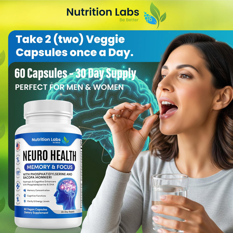 Nootropic & Neuro Brain Supplement for Memory & Focus Support. Clinically Tested Vitamins for Mental Support & Cognitive Clarity W/Bacopa Monnieri, VIT A, B6, Riboflavin, Niacin, Thiamin & Folate