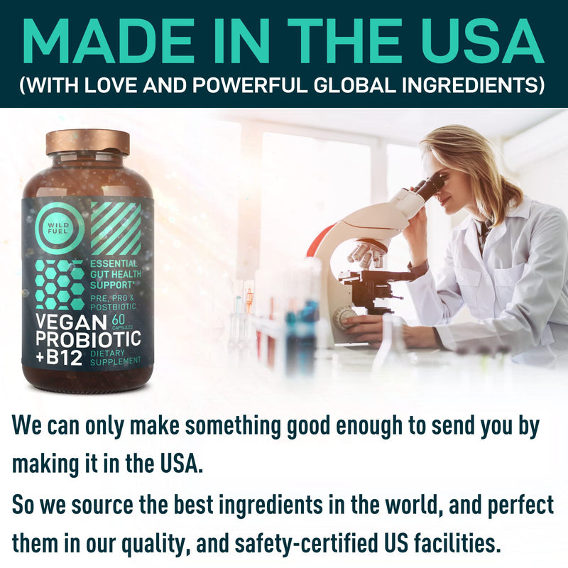 Vegan Probiotic Plus B12 & FOS - 22 Billion CFU Synbiotics Prebiotics and Probiotics for Digestive Health, IBS, Mood Support - B12 Pre Pro Post Biotics for Women & Men - 60 Gluten-Free Capsules Probiotic Unflavored