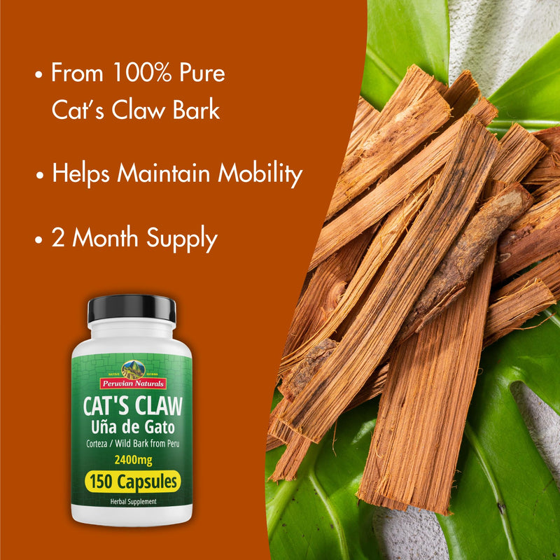 Peruvian Naturals Cat's Claw Herbal Supplement 150 Capsules - Uña de Gato 2400mg of Vegan, 100% Natural Cats Claw Bark Grown in Peru, Non-GMO, Uncaria Tomentosa UNA de Gato 150 Count (Pack of 1)