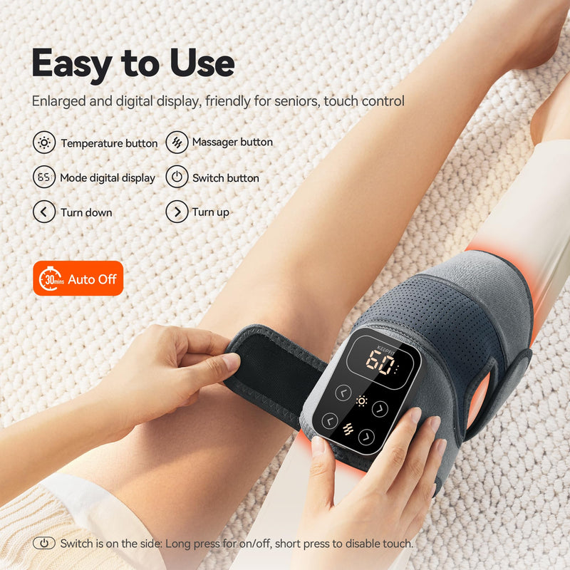 Cordless Knee Massager with Heat Vibration for Pain Relief, MAXwarm 4.0[2026 Upgraded] - Electric Heated Knee Brace with 5 Heat Levels and 3 Massage Mode, Gifts for Men Women (Grey, Single) Grey(single) - BeesActive Australia