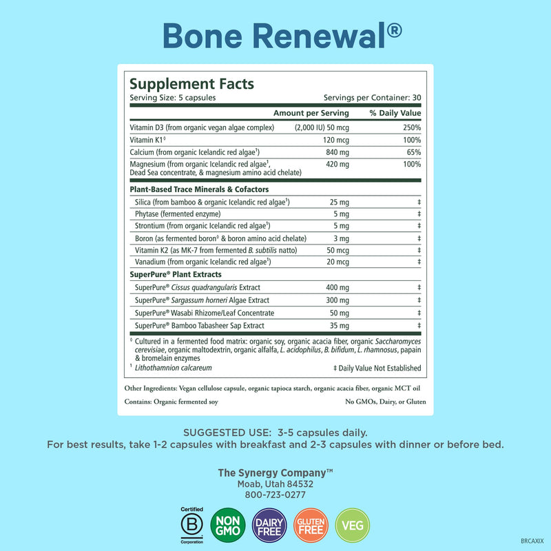 PURE SYNERGY Bone Renewal Bone Supplement (150 Capsules) | Bioavailable Calcium with Cofactors, Natural & Vegan with Vitamin D3, K2, Magnesium, & Boron, For Lasting Bone Strength 150 Count (Pack of 1)