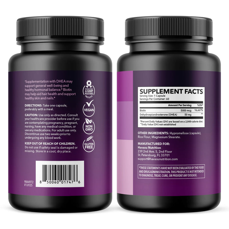 DHEA Supplement for Women with Biotin 5000mcg Per Serving, 2 Month Supply | DHEA 50mg and Biotin Supplement for Hormone Balance and Hair, Skin, Nail Support, Vegan, Non-GMO, Gluten-Free, 60 Servings DHEA + Biotin (60 Count)