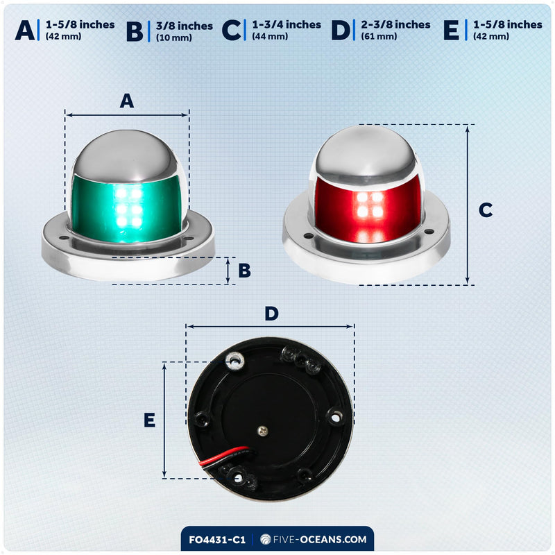 Five Oceans Boat Navigation Lights - LED Bow Light, Navigation Lights for Boats LED Red and Green, Boat Lights Navigation Horizontal Mount Sidelight, 12V, USCG Rules 2NM - FO4431-C1 Sidelights