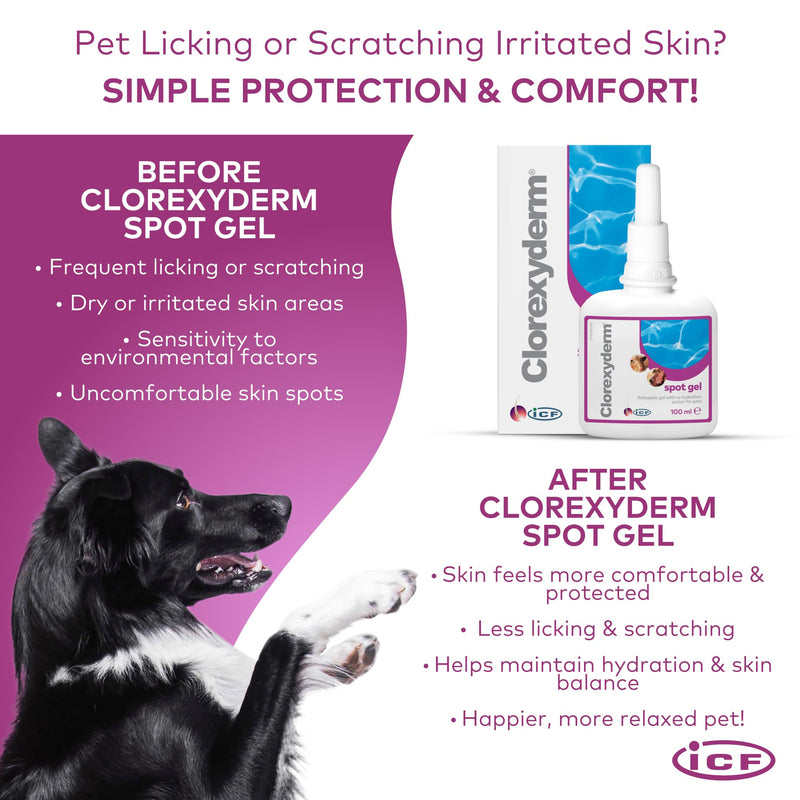 ICF | Clorexyderm Spot Gel | Advanced Cat & Dog Skin Care Gel for Itchy Skin & Wound Relief | Soothes and Moisturizes Irritated Skin | Ideal for Paws, Skin Folds, and Localized Issues 100 ml (Pack of 1)