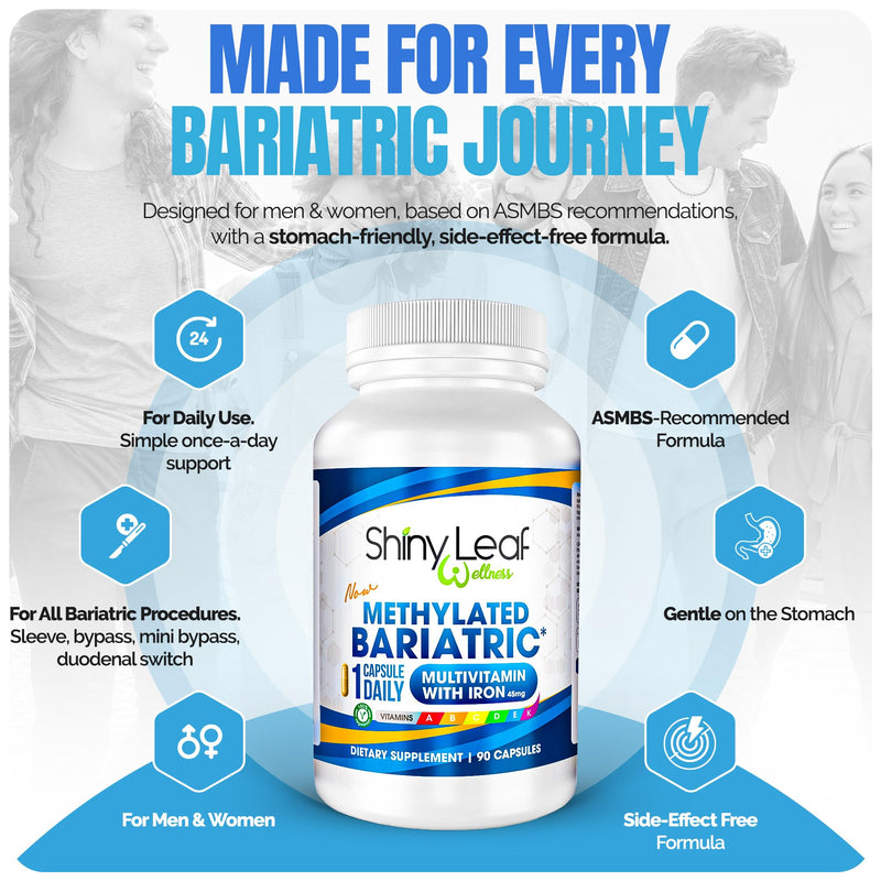 Shiny Leaf Bariatric Multivitamin with Iron 45 mg, Once Daily, 180 Count | Vitamins A, D, E, K, methylated folate and B12, meets ASMBS guidelines, vegetarian, soy-free, easy-swallow capsules 90 Count (Pack of 2)
