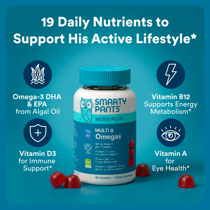 SmartyPants Men's Multivitamin Gummies with Omega 3 DHA/EPA, Methylfolate, Vitamin D3, C, B12, B6, A, K, Zinc, Raspberry Lemonade Flavor, 90 Count (30 Day Supply) Multi + Omega
