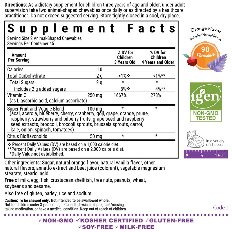 Bluebonnet Nutrition Rainforest Animalz Vitamin C Animal Shape Chewable Tablets, 250mg of Vitamin C, Soy-Free, Gluten-Free, Kosher Certified, Dairy-Free, Vegan, 90 Tablets, 45 Servings, Orange Flavor | Vegan, Kosher Certified, Gluten-Free, Soy-Free, Da...