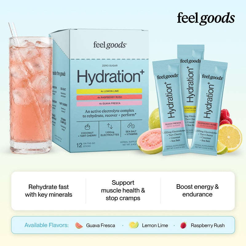 Feel Goods Hydration+, Sugar Free Electrolyte Powder Packets - 12 Count | Hydration Plus with 1,100mg Electrolytes with Magnesium, Potassium & Vitamins - Keto & Vegan, Energy Boost - 12 Variety Pack 12 Servings (Pack of 12)