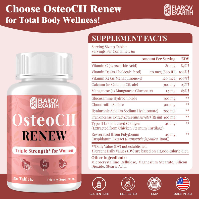 Joint Supplements for Women OsteoCII Renew Triple Strength – Advanced Joint, Bone & Skin Formula – Collagen, Glucosamine, Chondroitin, Calcium, MK-7, Vitamin D3, Hyaluronic Acid, 360 Tablets | OsteoCII Renew Triple Strength–Complete Joint, Bone & Skin ...