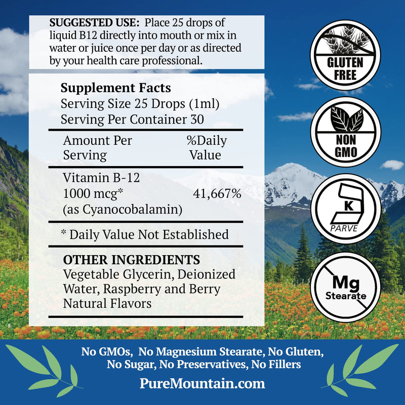 Pure Mountain Botanicals B12 1000 mcg - B12 Complex - Natural Berry Flavor - 30 Servings - Liquid Drops Vitamin - Kosher Supplement 1 Fl Oz (Pack of 1)