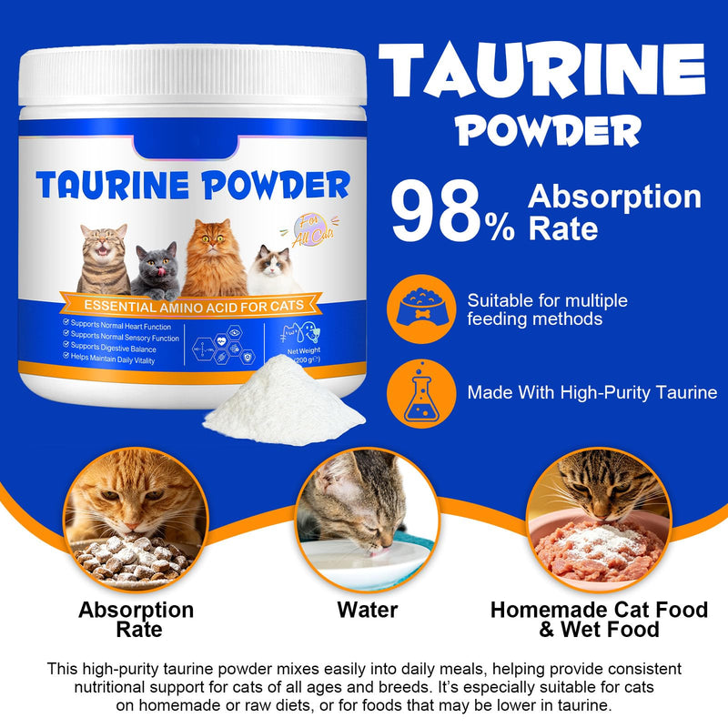 Taurine Powder for Cats 200g | Pure Taurine Amino Acid Supplement for Feline Nutrition | Supports Heart, Vision & Daily Wellness | No Additives, Easy to Mix | for Kittens, Adult & Senior Cats