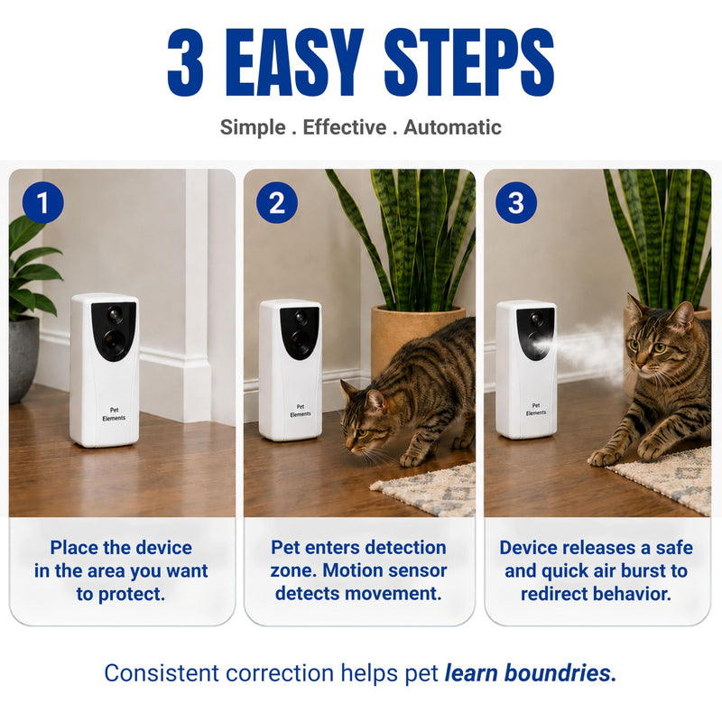 Automatic Cat Deterrent Spray - Contactless Behavior Correction - Motion Activated Sensor Air Burst - Odorless - Non-Staining - Versatile Placement Dog & Cat Repellent Spray Indoor Starter Kit (Device + 1 Can)